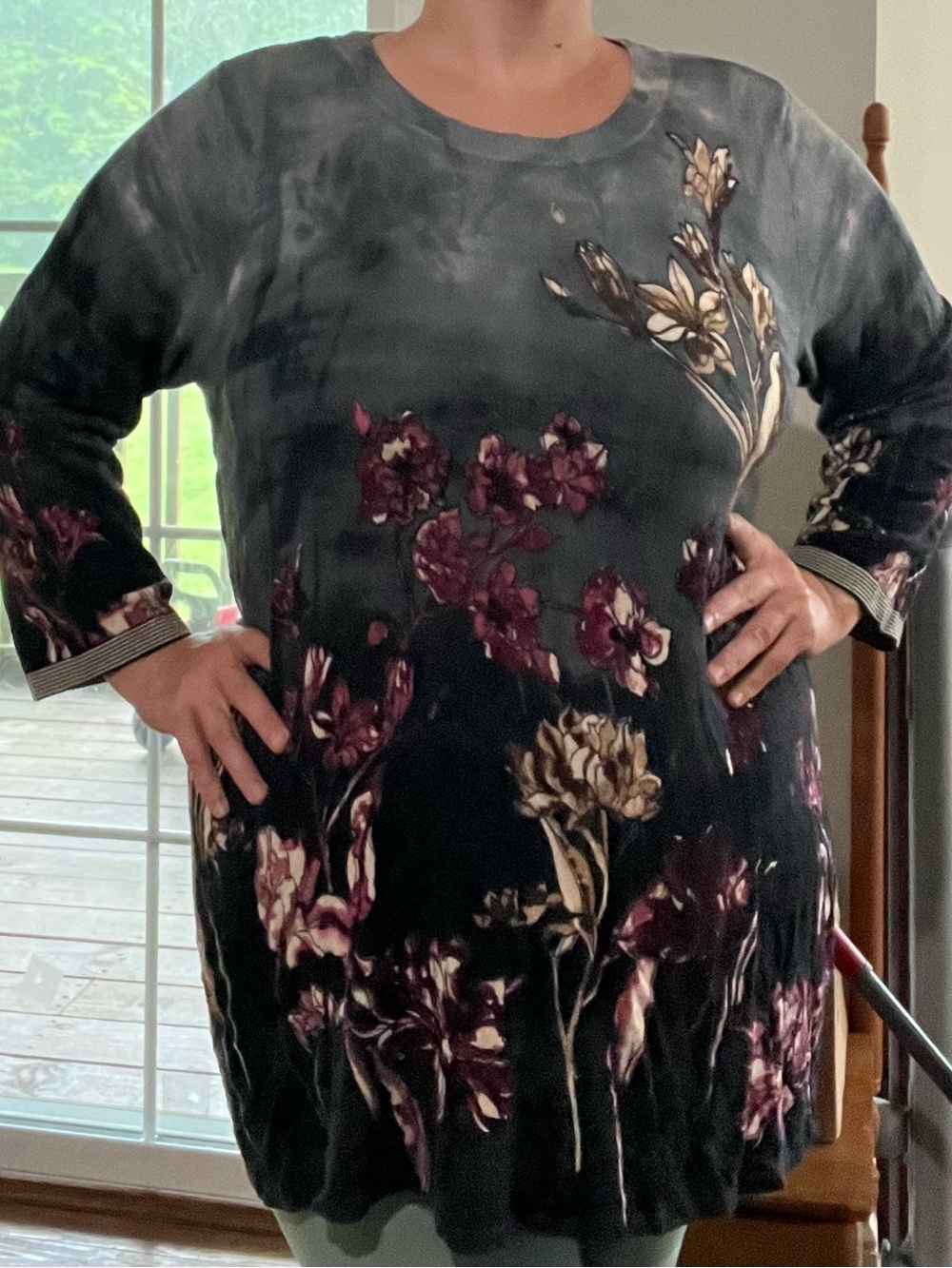 Chico's Black Tie-Dye Long Sleeve Tunic with Burgundy Floral